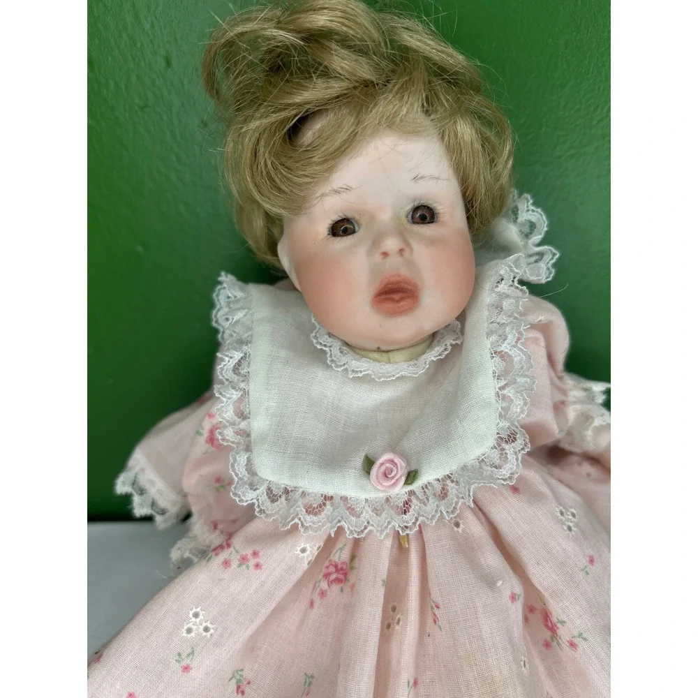 Vintage Porcelain Baby Doll Pink Floral Eyelet Lace Dress Blonde Hair Brown Eyes
